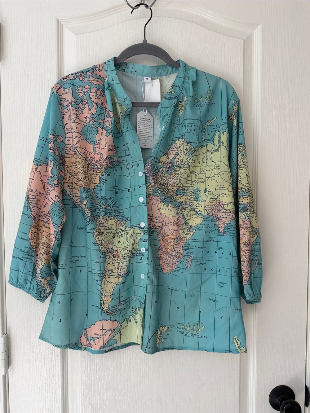 Ecclectic Map-Print Button Front Women's Shirt in Teal | Teachers & Travelers